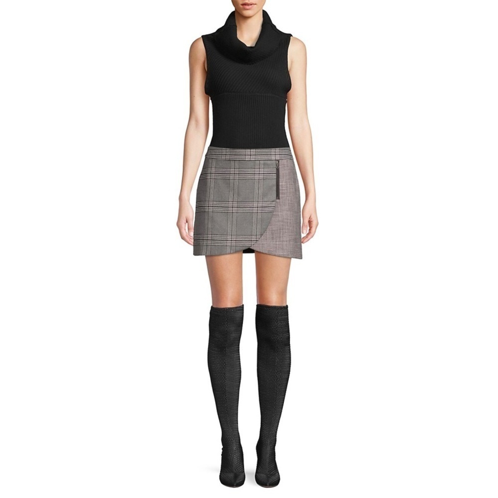 NWT - Alice + Olivia - Lennon Plaid Overlap Mini Skirt In Grey Black